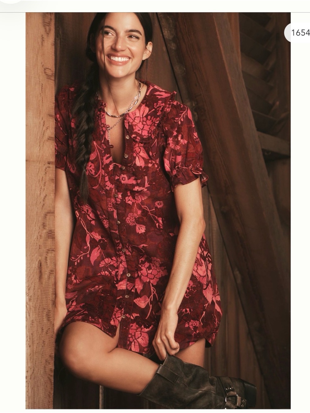Anthropologie Burgundy and Pink Floral Button-Front Chemise